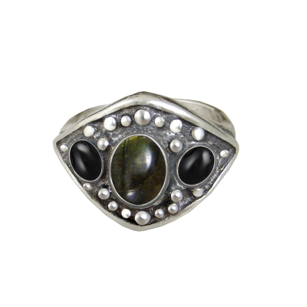 Sterling Silver Medieval Lady's Ring with Spectrolite And Black Onyx Size 7